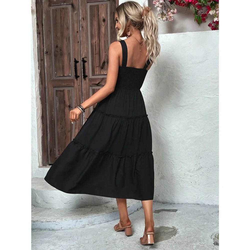 boho shirred bust Frill Trim tiered Cami midi Dress square blush pink - Picture 4 of 9